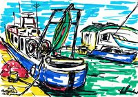 Fischerboot im Hafen 2020, Aquarellstift auf Papier 21 x 30 cm